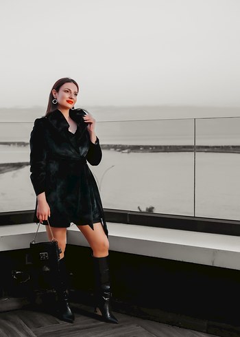 Kürklü Siyah Süet Mini Kadın Kaban - Görsel 3