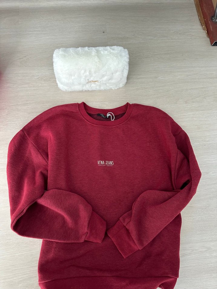 Bordo Kadın Sweatshirt, Bisiklet Yaka, Uzun Kollu - Görsel 2