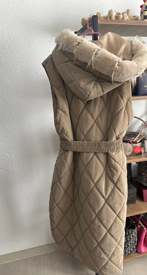 Kemerli Bej Midi Kadın Yelek - Görsel 3