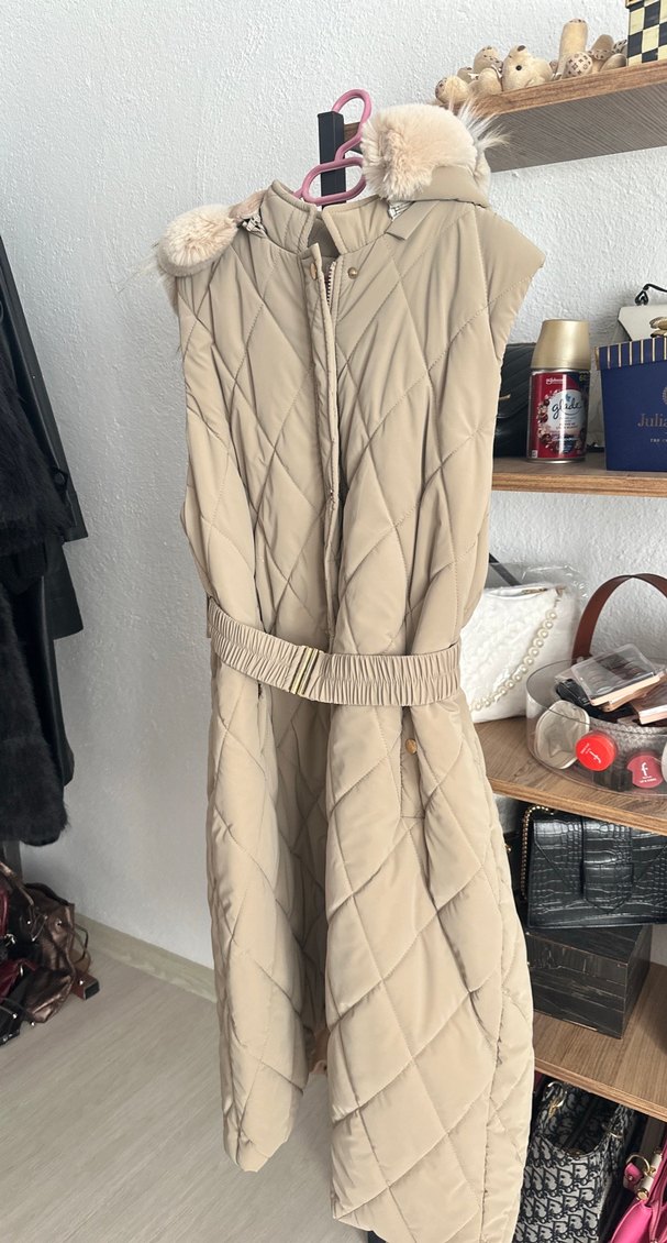 Kemerli Bej Midi Kadın Yelek - Görsel 2