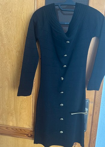 Düğmeli Siyah Uzun Kollu Triko Elbise - Görsel 2