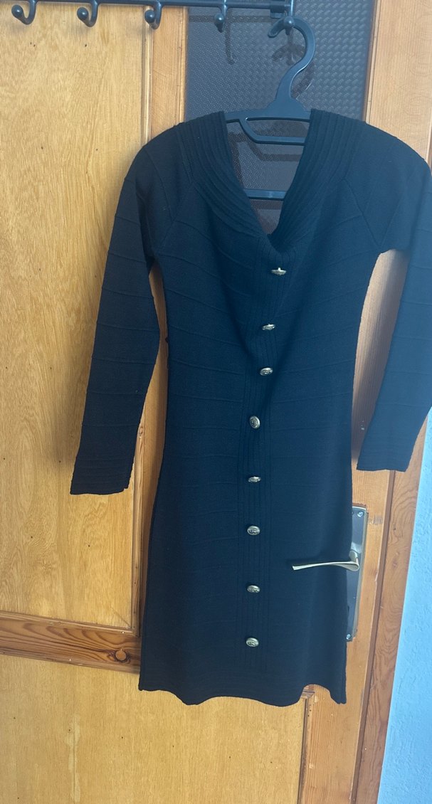 Düğmeli Siyah Uzun Kollu Triko Elbise - Görsel 2