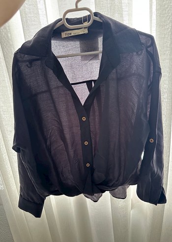 Düğmeli Siyah Keten Kadın Gömlek her bedeni mevcut - Görsel 2