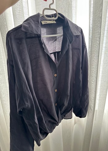 Düğmeli Siyah Keten Kadın Gömlek her bedeni mevcut - Görsel 3