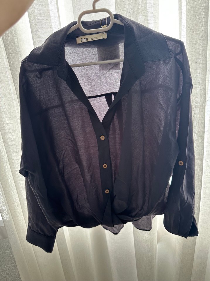 Düğmeli Siyah Keten Kadın Gömlek her bedeni mevcut - Görsel 2