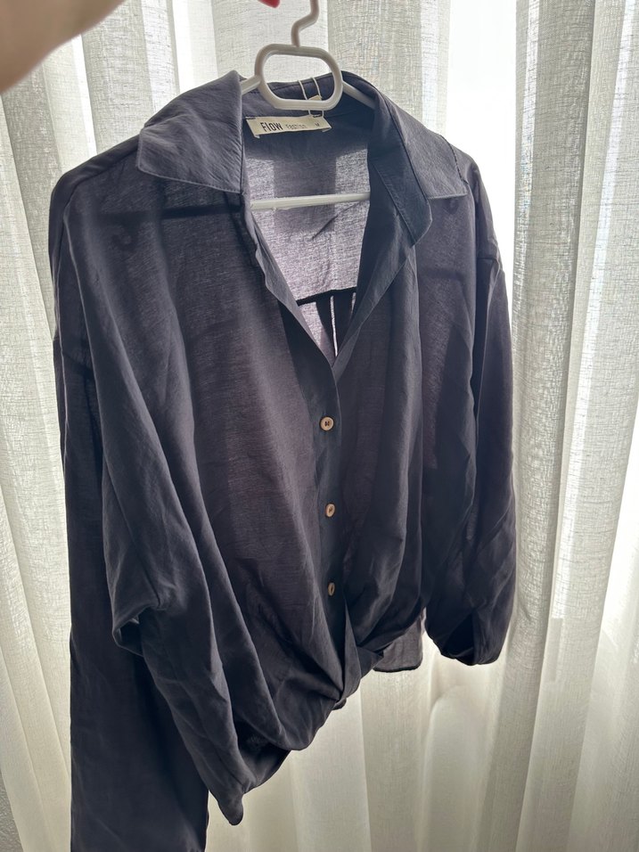 Düğmeli Siyah Keten Kadın Gömlek her bedeni mevcut - Görsel 3