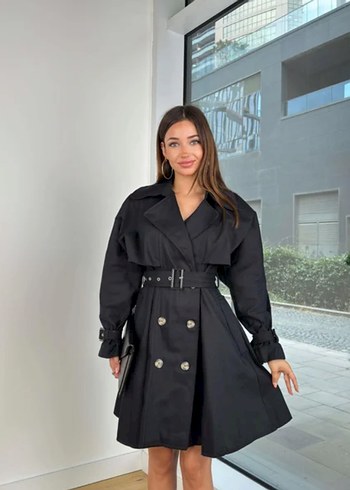 Siyah Kemerli Kısa Trenchcoat Kadın - Görsel 4