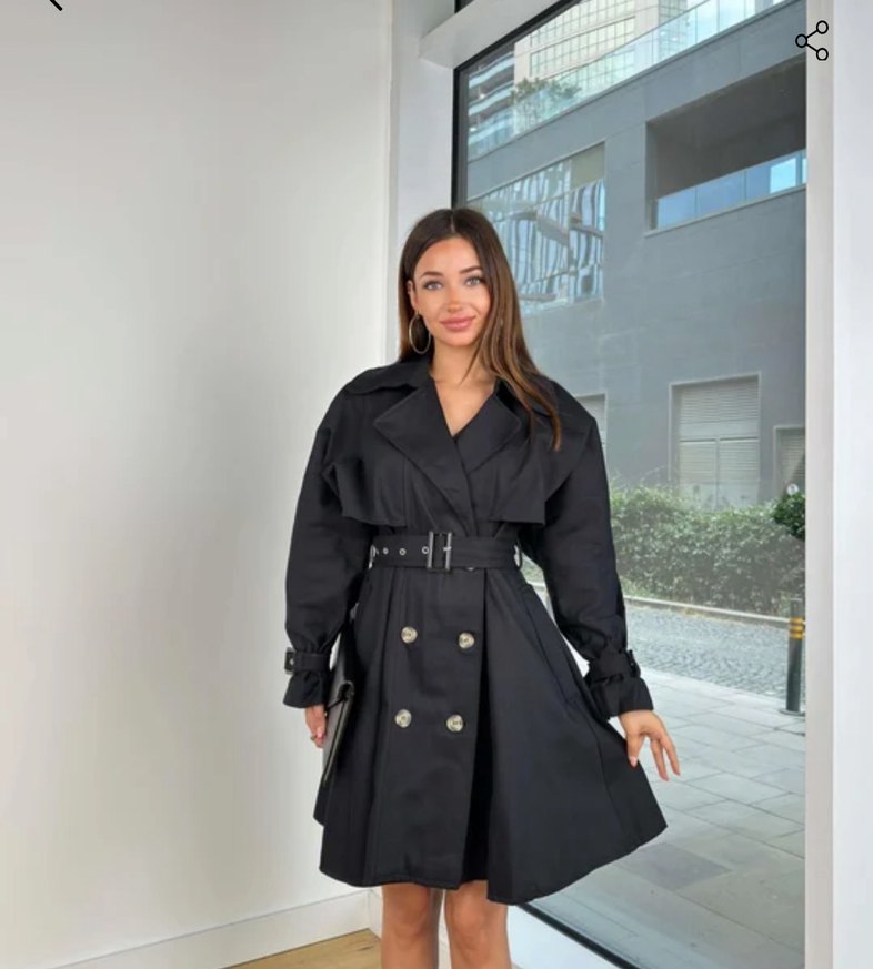Siyah Kemerli Kısa Trenchcoat Kadın - Görsel 4