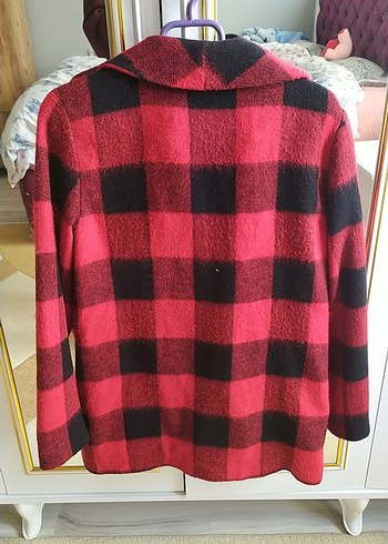 Kırmızı Ekose Desenli Düğmeli Midi Kaban - Görsel 3