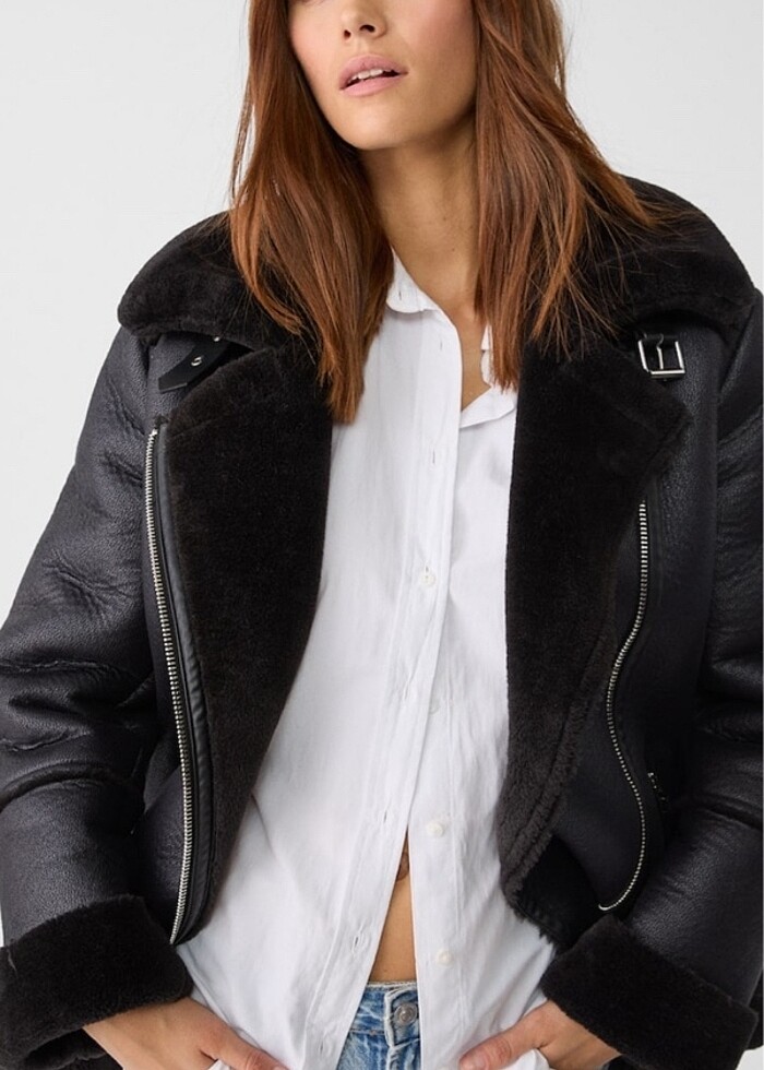 Kürklü çift yüzlü biker ceket - Görsel 4