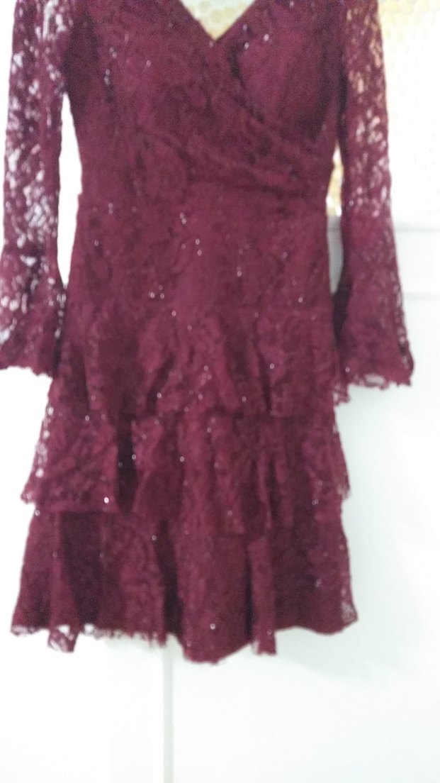 Bordo İşlemeli Mini Abiye Elbise - Görsel 4