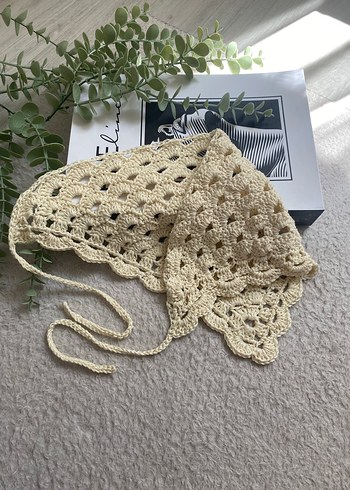 Bej Dantel Detaylı Örgü Bohem Saç Aksesuarı Bandana
