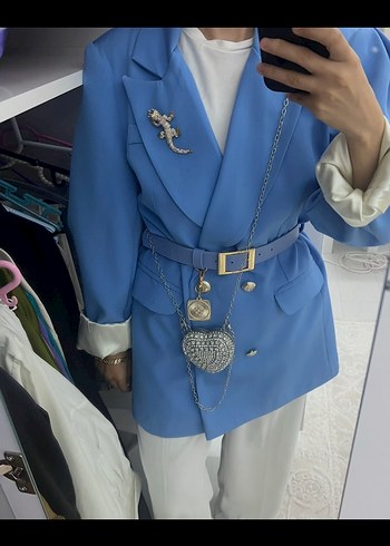 Mavi Kemerli Kadın Blazer Ceket