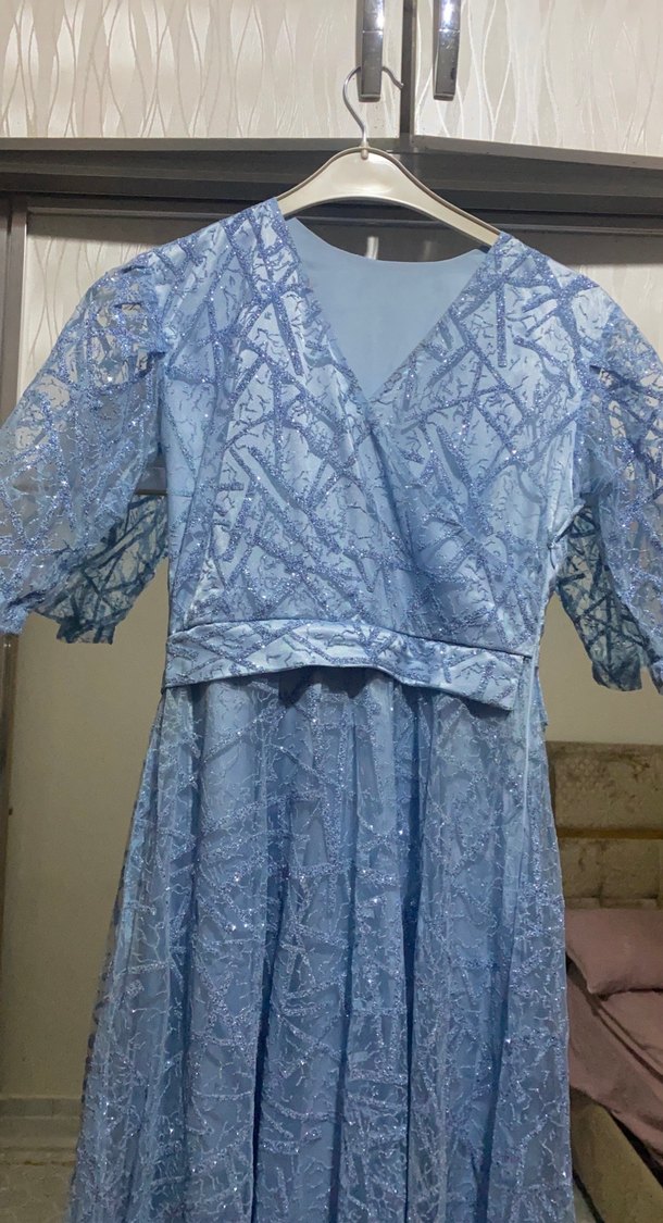 Mavi Bohem V Yaka Uzun Abiye Elbise - Görsel 2