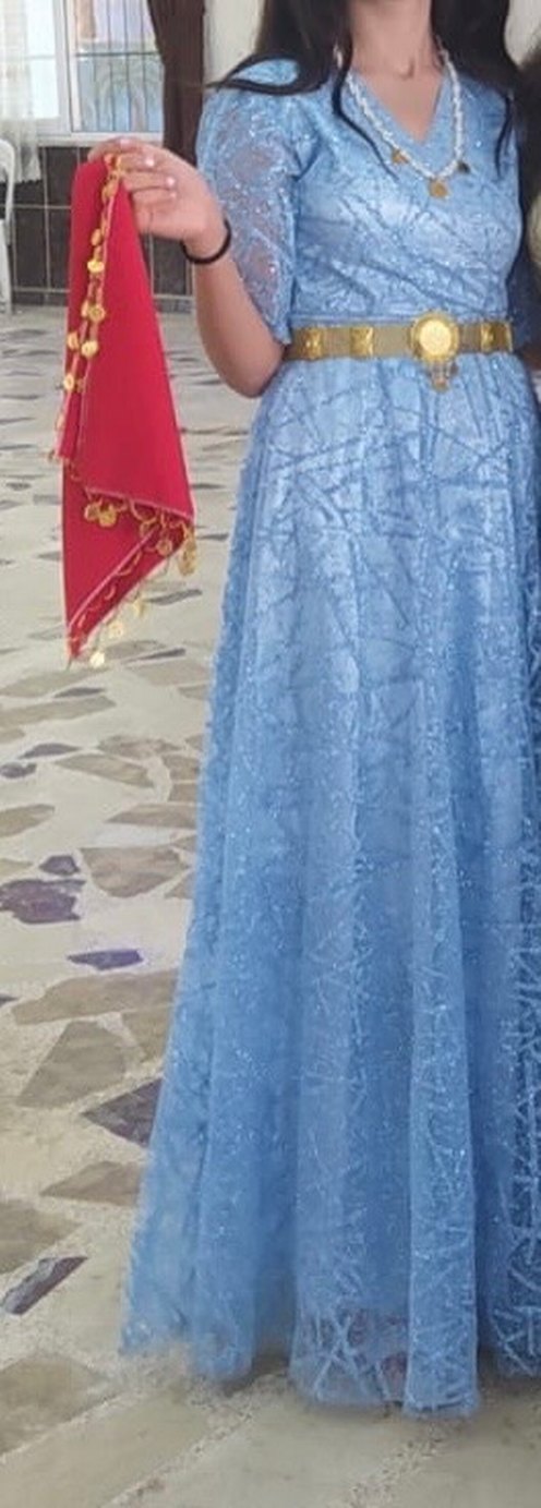 Mavi Bohem V Yaka Uzun Abiye Elbise - Görsel 3