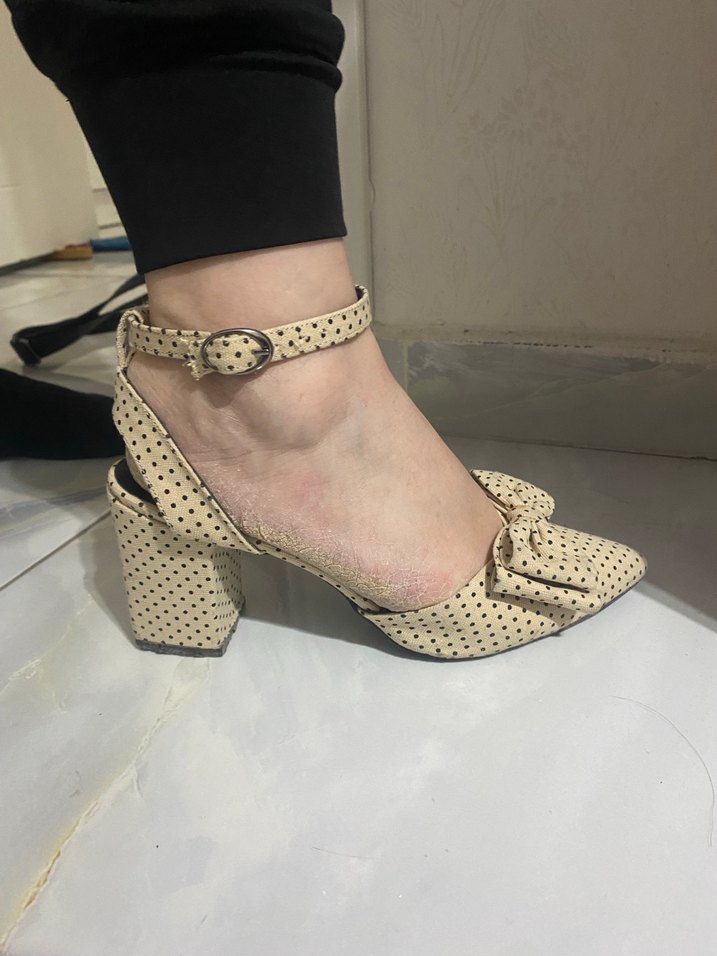 Bej Puantiyeli Fiyonklu Stiletto Kadın Ayakkabı - Görsel 4