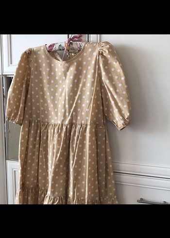 xl Beden Bej Puantiyeli Volanlı Bohem Elbise