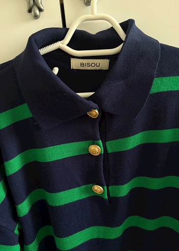 Düğmeli Yeşil Çizgili Kadın Triko - Görsel 2