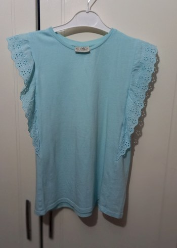 Mavi Kız Çocuk Fırfırlı Kısa Kollu Tişört - Görsel 3