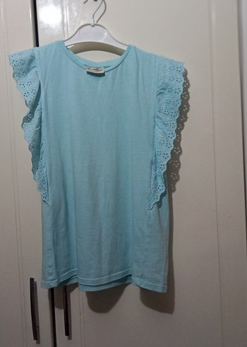 Mavi Kız Çocuk Fırfırlı Kısa Kollu Tişört - Görsel 2