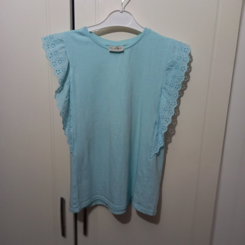 Mavi Kız Çocuk Fırfırlı Kısa Kollu Tişört - Görsel 3