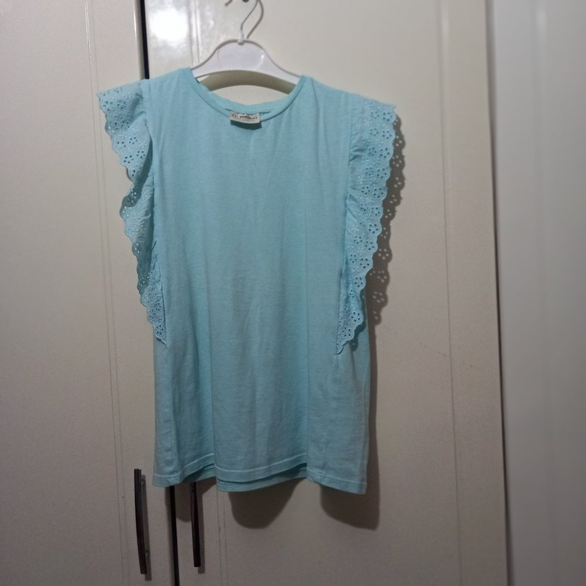 Mavi Kız Çocuk Fırfırlı Kısa Kollu Tişört - Görsel 2