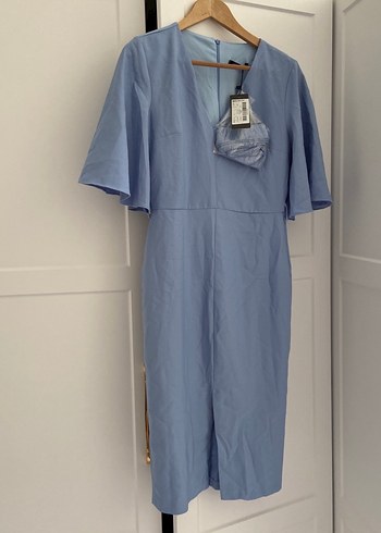 Drapeli V Yaka Midi Mavi Elbise - Görsel 6