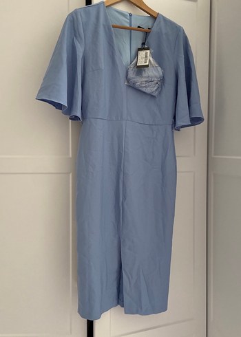 Drapeli V Yaka Midi Mavi Elbise - Görsel 7