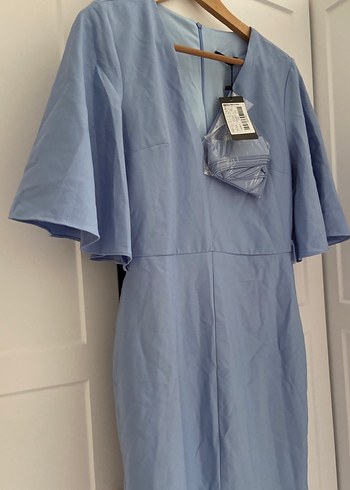 Drapeli V Yaka Midi Mavi Elbise - Görsel 5