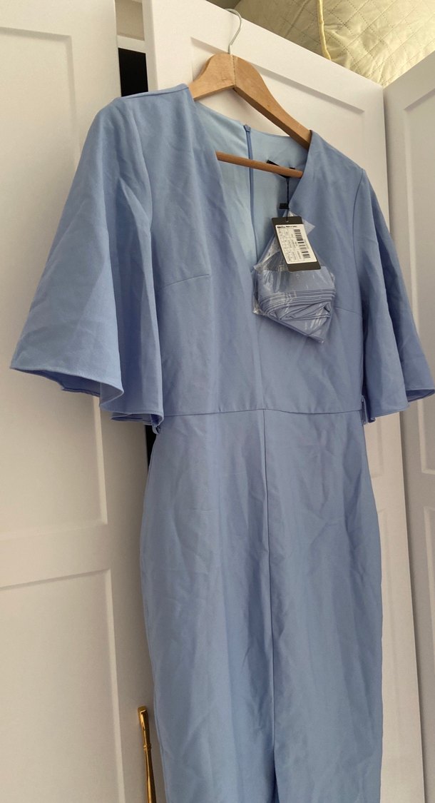 Drapeli V Yaka Midi Mavi Elbise - Görsel 5