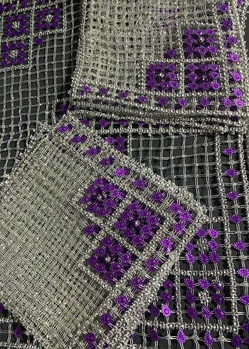 Mor ve Gümüş  İşlemeli Bohem El Yapımı kasnak boncuk Kumaş - Görsel 4