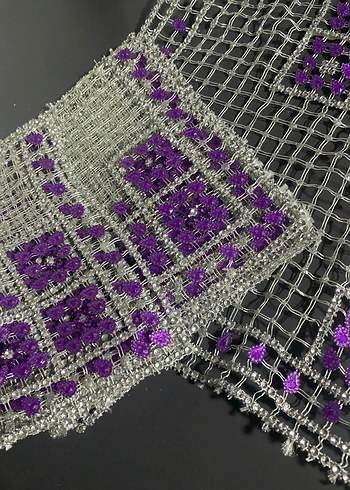 Mor ve Gümüş  İşlemeli Bohem El Yapımı kasnak boncuk Kumaş - Görsel 2