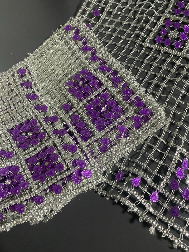 Mor ve Gümüş  İşlemeli Bohem El Yapımı kasnak boncuk Kumaş - Görsel 2