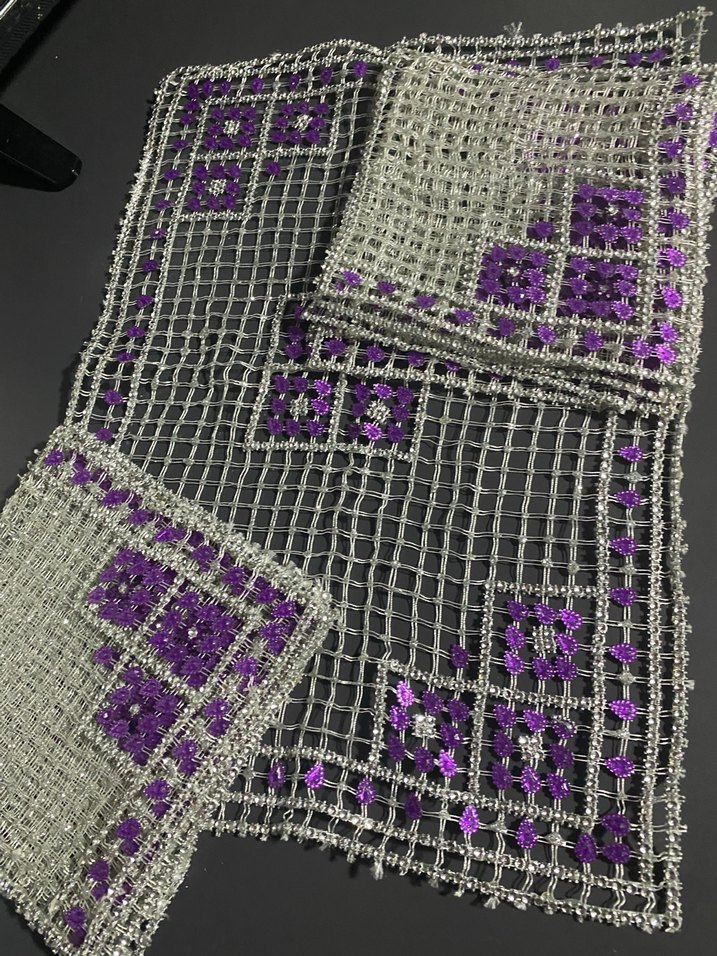 Mor ve Gümüş  İşlemeli Bohem El Yapımı kasnak boncuk Kumaş - Görsel 3