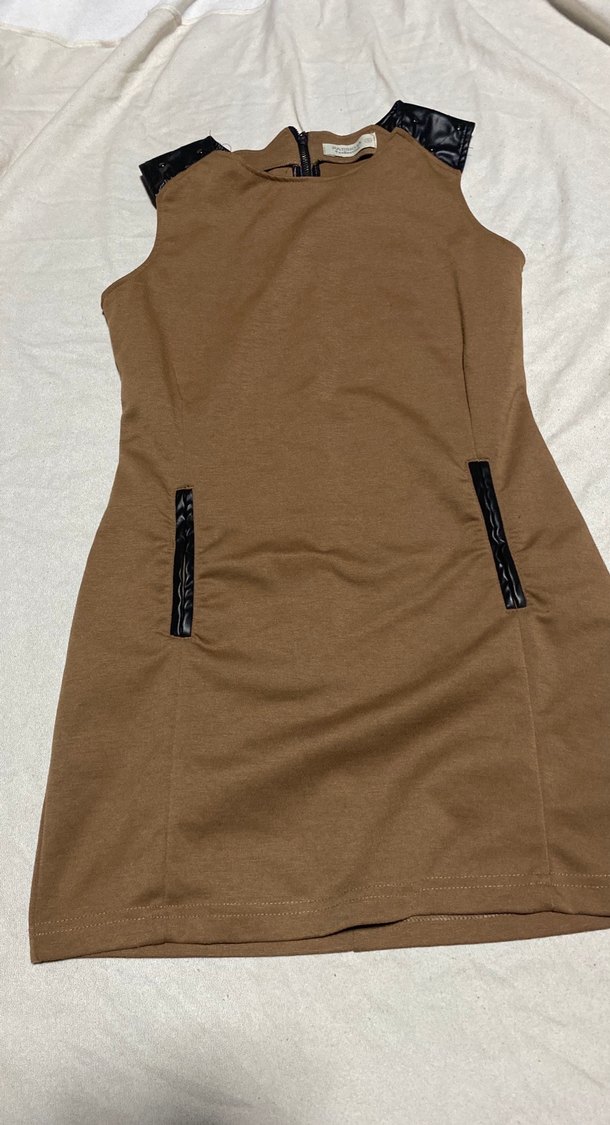 Kahverengi Coffee Renginde Kolsuz Midi Elbise - Görsel 2