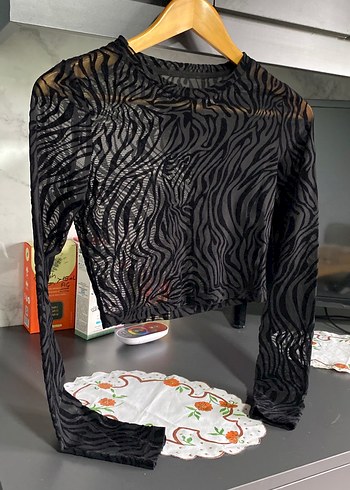 Şeffaf Siyah Zebra Desenli S - M uyumlu Uzun Kollu Bluz - Görsel 2