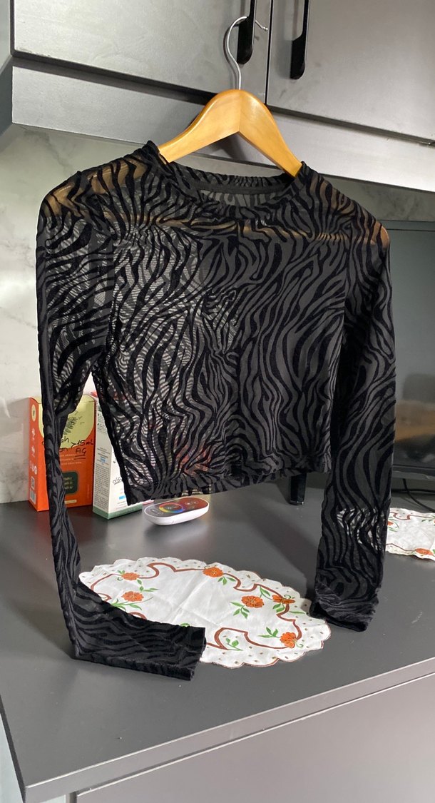 Şeffaf Siyah Zebra Desenli S - M uyumlu Uzun Kollu Bluz - Görsel 2