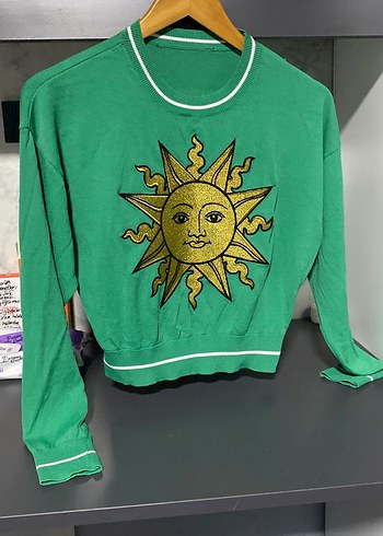 Yeşil Güneş Baskılı Kadın Sweatshirt midi crop - Görsel 2