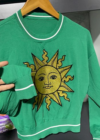 Yeşil Güneş Baskılı Kadın Sweatshirt midi crop - Görsel 5