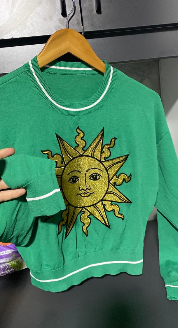 Yeşil Güneş Baskılı Kadın Sweatshirt midi crop - Görsel 5