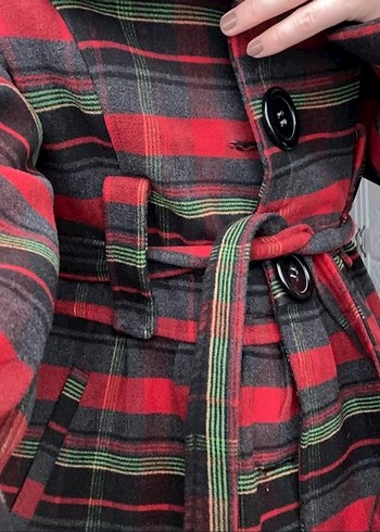 Kırmızı Ekose Düğmeli kadın Kaban - Görsel 4