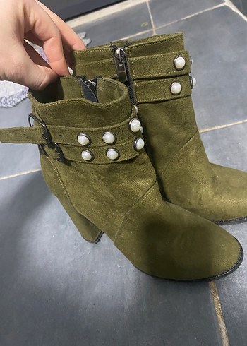 Kadın Haki Süet Toka Detaylı Topuklu Bot - Görsel 4