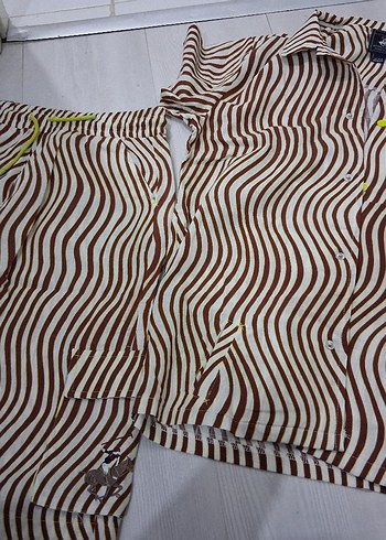 Beverly Hills Polo Club Kahverengi Zebra Desenli Kısa Kollu Erkek Pijama takımı
