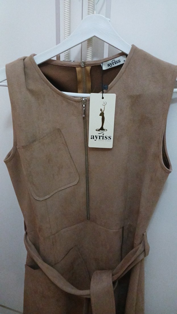 Kahverengi Süet Kemerli Mini elbise - Görsel 2