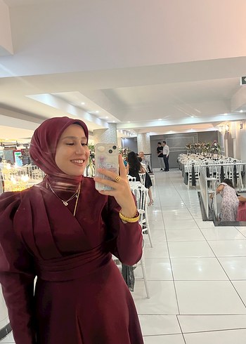 Bordo Uzun Kol Drapeli Tesettür Elbise - Görsel 2