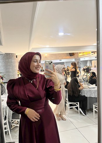 Bordo Uzun Kol Drapeli Tesettür Elbise - Görsel 6