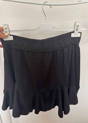 m Beden Siyah Fırfırlı Mini Keten Etek