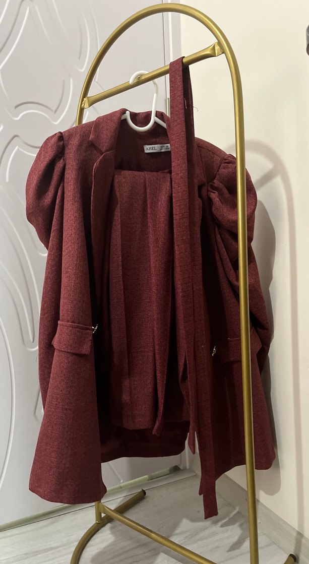 Bordo Uzun Kollu Kadın Kemerli takım - Görsel 4