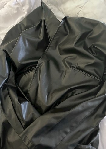 Drapeli Siyah Deri Kadın Ceket Baggy - Görsel 2