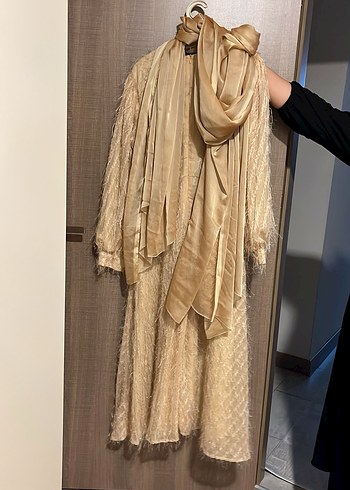 Uzun Bej Kadın Abiye Elbise şalıyla birlikte - Görsel 2